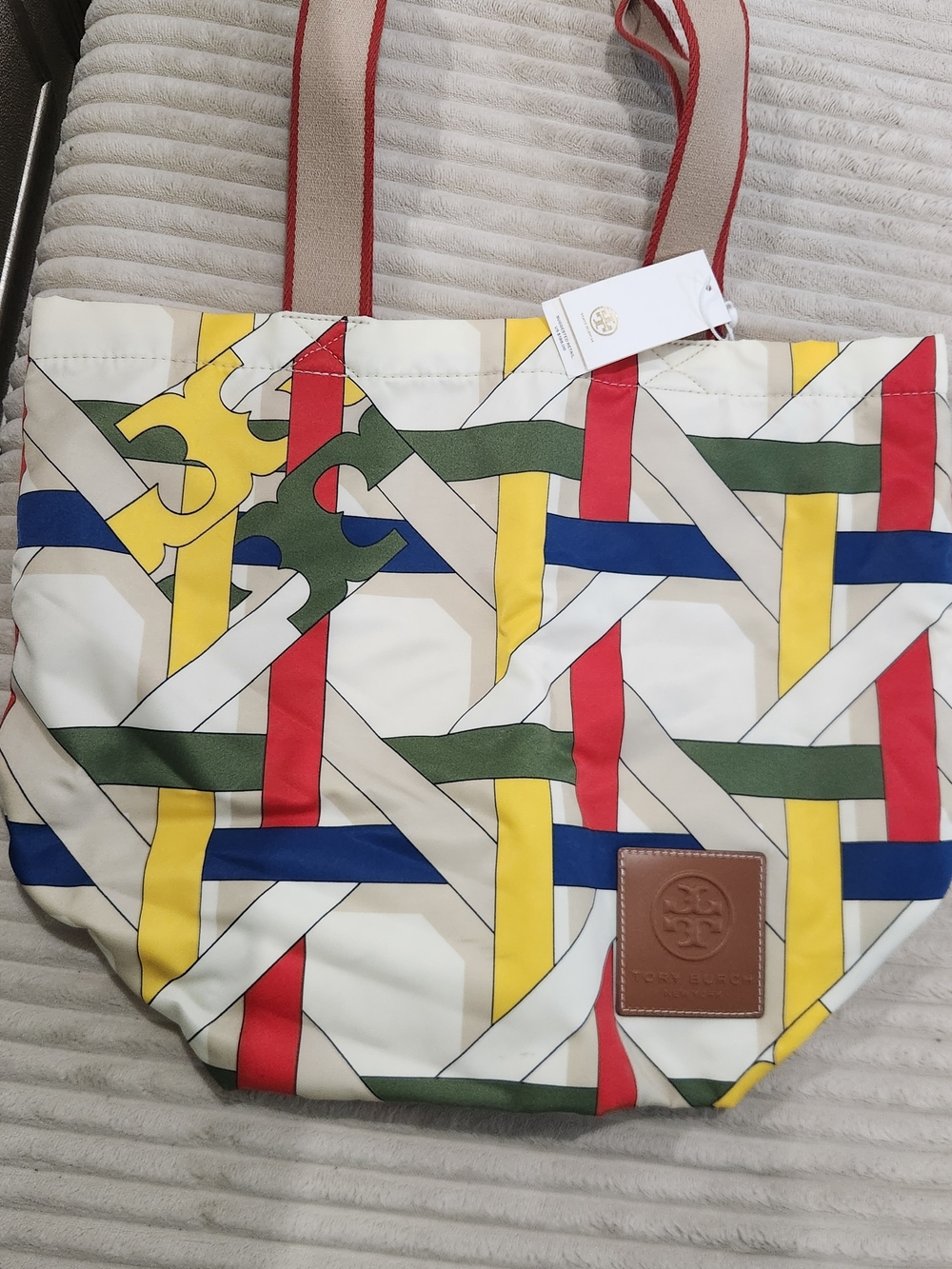 Tory Burch Multicolor Woven-Print Canvas Tote — Red, Yellow, Blue, Green, Cream